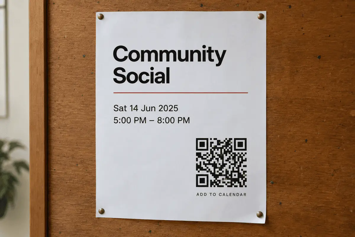 A poster on a wooden noticeboard announcing a tea ceremony, with a QR Code beside the date and time