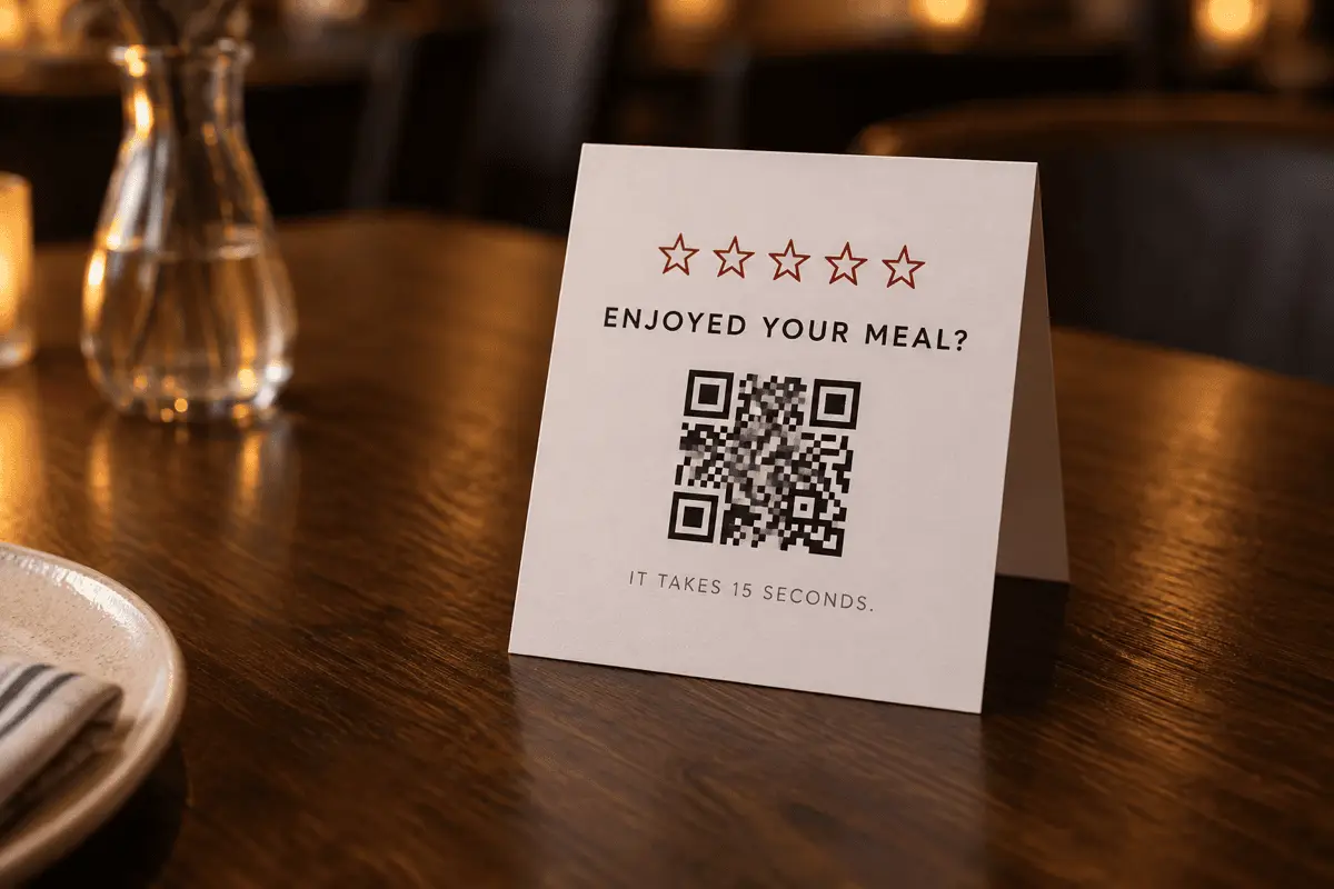 A folded card table tent on a restaurant table showing a QR Code with five stars printed above it
