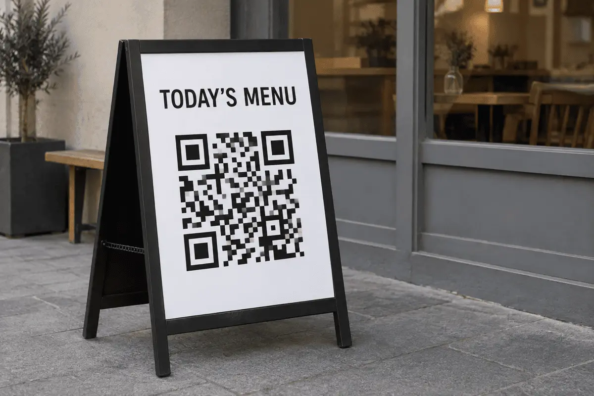 A printed café A-frame poster on a pavement with a large black QR Code and the words Today's menu above it