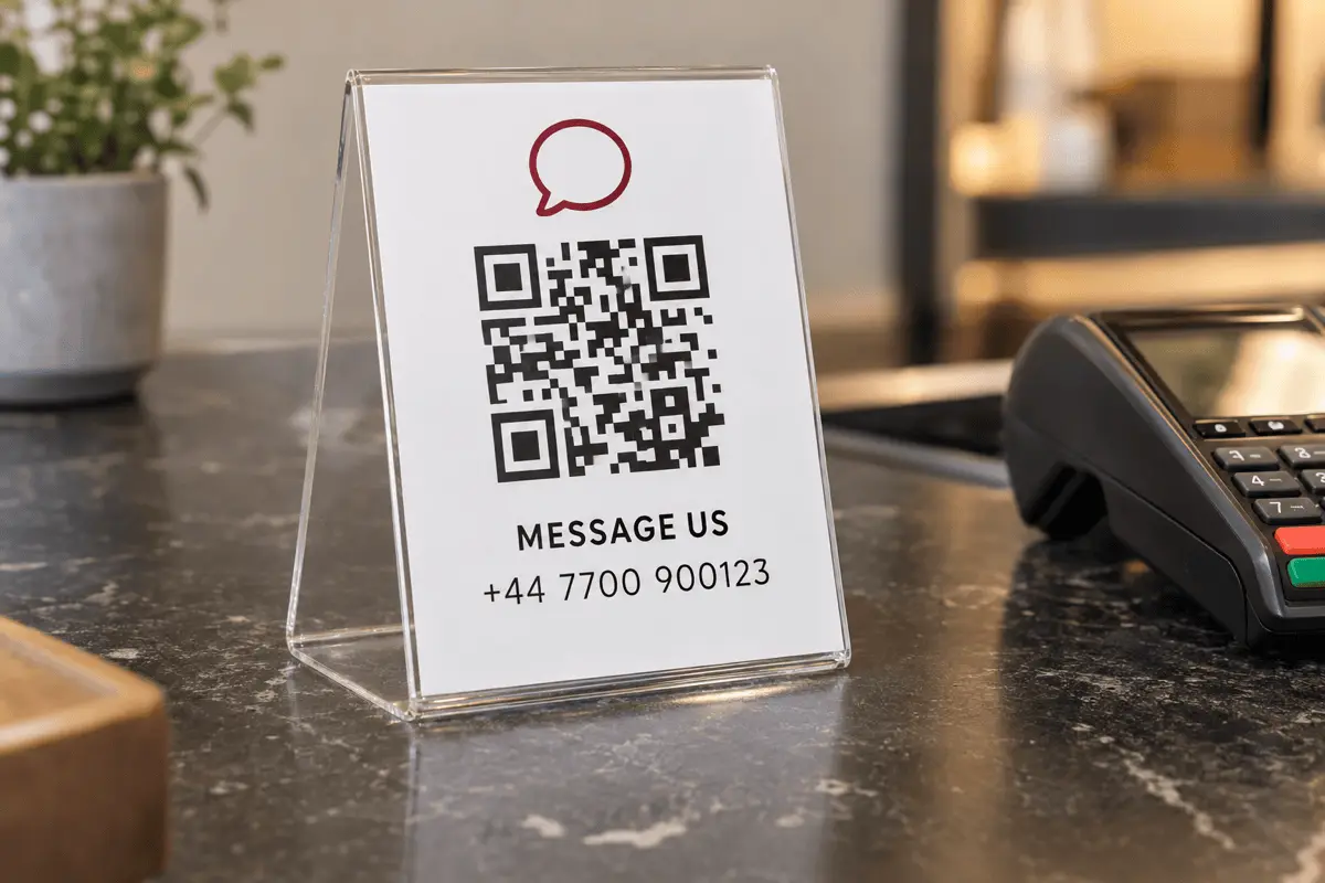 A small acrylic counter sign next to a till showing a QR Code and the words Message us on WhatsApp